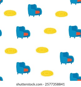 Living interior seamless pattern. Cute hand drawn doodle house furniture items repeatable pattern with chair, armchair, pot, pouf, pouf chair, ottoman bag, sofa, carpet. Modern flat apartment elements