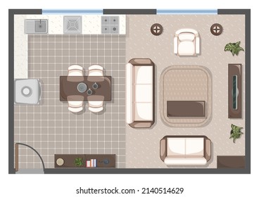 Living and kitchen room architectural plan. Top (above) view. Apartment vector design. Standard size furniture elements. Sofa, armchair, lamp, coffee and dining table, TV, kitchen, refrigerator.