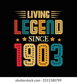 Living Legend Since 1903, Born in a Year of Legendary Events and Timeless Grace, Vintage T-Shirt Design for Authentic Fashion Enthusiasts and Retro Fans