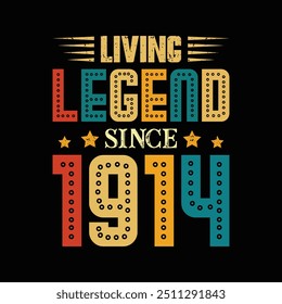 Living Legend Desde 1914, Nascido em um Ano de Classe Incomparável e Estilo Histórico, Vintage T-Shirt Design para Admiradores de Verdadeiro Espírito Retrô e Tendências Duradouras