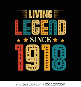 Living Legend Since 1918, Born in a Year of Iconic Moments and Classic Fashion, Vintage T-Shirt Design for Lovers of True Retro Style and Enduring Elegance