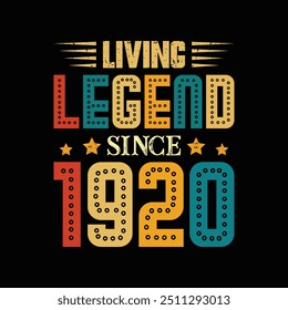 Living Legend Desde 1920, Nascido em um Ano de Estilo Único e História Inesquecível, Vintage T-Shirt Design para Retro Admirers e True Fashion Aficionados