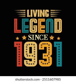 Living Legend Since 1931, Born in a Year of Iconic Moments and Unique Style, Vintage T-Shirt Design for True Retro Lovers Who Value Timeless Elegance