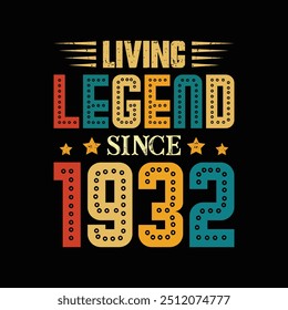 Living Legend Since 1932, Born in a Year of Distinctive Trends and Enduring Fashion, Vintage Tshirt Design for Admirers of Retro Cool and Classic Style. apparel, t shirt, sticker, printing, typography