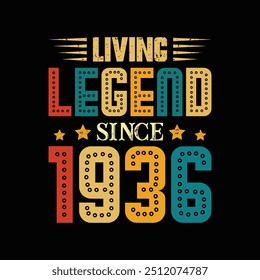 Living Legend Desde 1936, Nascido em um Ano de Momentos Icônicos e Estilo Duradouro, Vintage Tshirt Design para admiradores de Moda Retrô e Autêntica. vestuário, t shirt, adesivo, impressão, tipografia