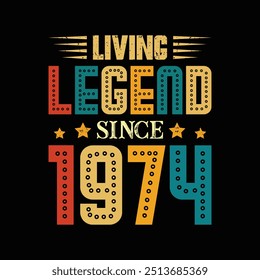Living Legend Since 1974, Born in a Year of Unique Grace and Lasting Style, Vintage T-Shirt Design for Lovers of Genuine Retro Coolness. apparel, t shirt, sticker, printing, typography
