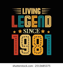 Living Legend Desde 1981, Nascido em um Ano de Graça Única e Tendências Duradouras, Vintage T-Shirt Design para Admiradores de Moda Retrô Genuína. vestuário, t shirt, adesivo, impressão, tipografia