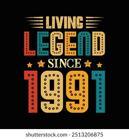Living Legend Desde 1991, Nascido em um Ano de Estilo Único e Influência Duradoura, Vintage T-Shirt Design para Admiradores de Autêntica Retro Trends.