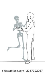 hombre vivo bailando con un vals de esqueleto sonriente - un vector de arte de una línea. el concepto se involucra en actividades mortales, bailando con metáfora de la muerte