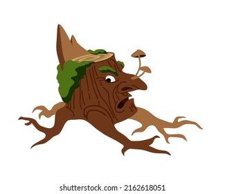 A living old wooden stump. A fantastic character. The spirit of the forest. Color vector illustration isolated on a white background in a cartoon and flat design.