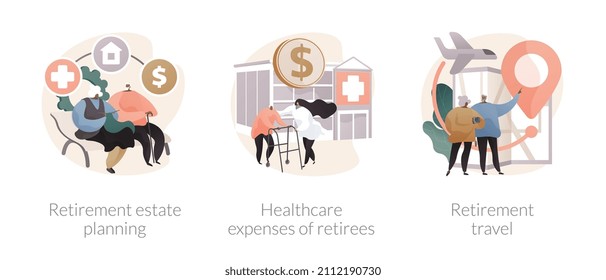 Living on pension abstract concept vector illustration set. Retirement estate planning, healthcare expenses of retirees, pension traveling, medical care of elderly people, insurance abstract metaphor.