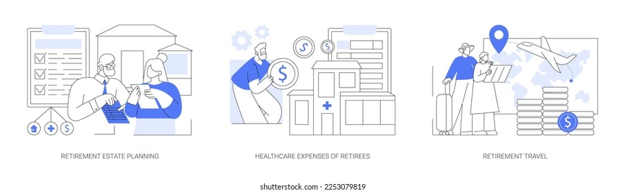 Living on pension abstract concept vector illustration set. Retirement estate planning, healthcare expenses of retirees, pension traveling, medical care of elderly people, insurance abstract metaphor.