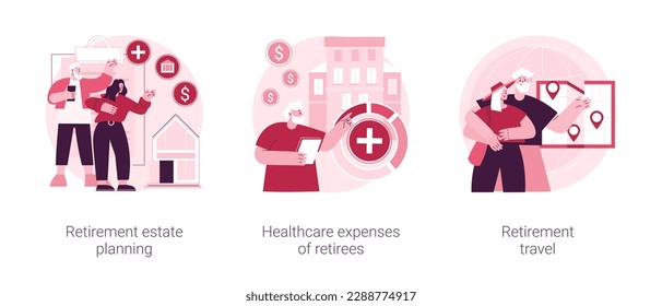 Viviendo sobre el conjunto de ilustraciones vectoriales abstractas del concepto de pensiones. Planificación de la vivienda de jubilación, gastos de salud de los jubilados, viajes de pensiones, atención médica a ancianos, metáfora abstracta de seguros.