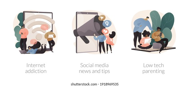 Living Online Abstract Concept Vector Illustration Set. Internet Addiction, Social Media News And Tips, Low Tech Parenting, Digital Overload, Screen Time Limits, Internet Overuse Abstract Metaphor.