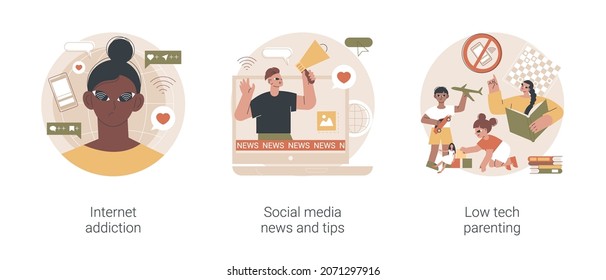 Living Online Abstract Concept Vector Illustration Set. Internet Addiction, Social Media News And Tips, Low Tech Parenting, Digital Overload, Screen Time Limits, Internet Overuse Abstract Metaphor.