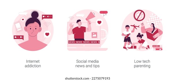 Living online abstract concept vector illustration set. Internet addiction, social media news and tips, low tech parenting, digital overload, screen time limits, internet overuse abstract metaphor.