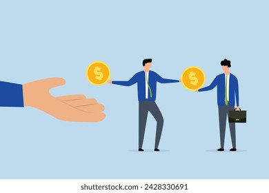 Living paycheck to paycheck, The weary businessman picks up dollar coin and uses it to settle his creditor debt.