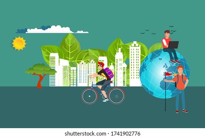 Living people with harmony at a  planet concept. Working and travelling people at earth taking care of Earth Vector illustration. Template for web pages, banners, infographics, landing page