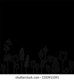 living plants, hand-drawn on a black background, eco packaging for natural products