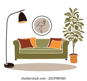 Sala de estar con estampado abstracto.Moderno interior de estilo boho con elementos abstractos en estilo tachado.