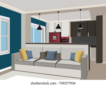 Living room with an accent sofa. Living room kitchen illustration.