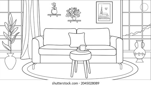 Living room in apartment. Interior Room with furniture: sofa, houseplant, window, curtains, coffee cup and pictures on wall. Hand drawing coloring book page for kids and adults.