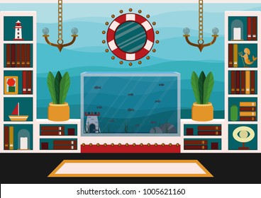 Living room with aquarium. Design of living room in blue colors and in marine style. Idea of interior design for beach house
