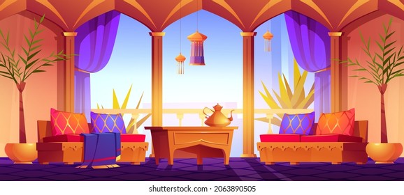 Living room in arabic style with sofas, table, pillows, palm trees and lamps. Vector cartoon interior of arab house with windows, cushions with golden ornament and teapot