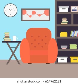 Living room with armchair and book shelf. Cozy home interior. Flat style vector illustration.