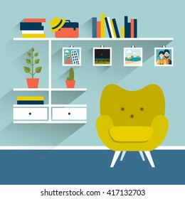 Living room with armchair and book shelves. Flat design vector illustration.