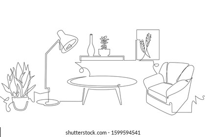 Living Room with Armchair and Furniture. Spring interior with Plants. Vector illustration.