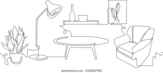 Living Room with Armchair and Furniture. Spring interior with Plants. Vector illustration.