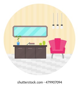 living room with an armchair, lamp, mirror, table, plant, vector illustration in flat style
