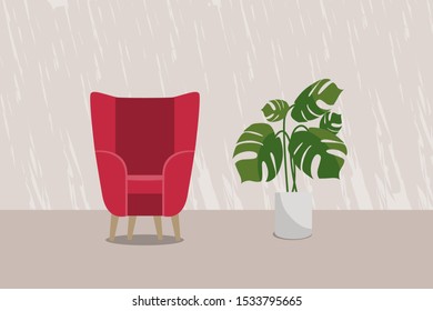 Living room. Armchair with a monster. House plant. Vector illustration. Template for poster or web.