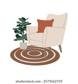 Living room with armchair, rug and houseplant. Home design. Minimalism, Scandinavian style. Hand drawn vector illustration