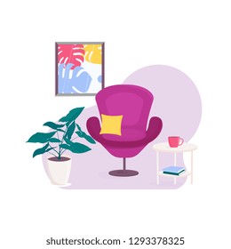 Living room with armchair and table. Flowerpot with leafed plants. Picture with a monstera. Books. A cup of coffee.
