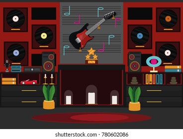 Living room with artificial chimney (alcove). Room of the rock star. Modern design in red and black color with neon lights