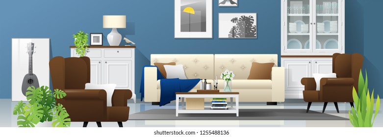 Living room background with wooden furniture , plants and blue wall  in modern rustic style , vector , illustration