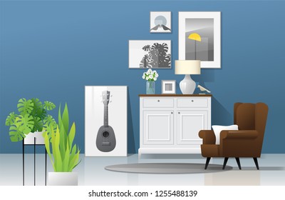 Living room background with wooden furniture , plants and blue wall  in modern rustic style , vector , illustration