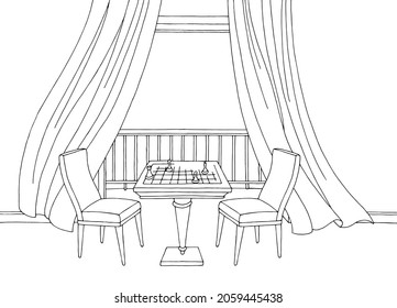 Living room balcony graphic black white home interior sketch illustration vector 