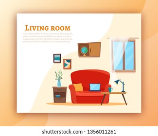 Living room banner with sofa, computer and table. Cartoon flat style vector illustration.