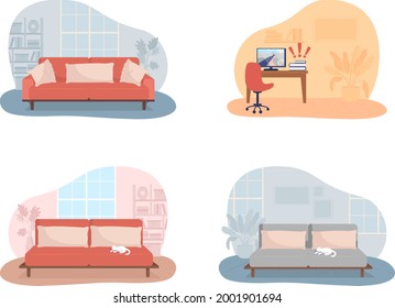 Living room and bedroom 2D vector isolated illustration. Sofa with cushions. Desk with computer screen. Lifestyle and living. Cosy apartment flat interior on cartoon background. Home colourful scene