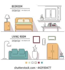 Living room and bedroom interior design elements - sofa, armchair, bookcase, table, lamps. Line art vector illustration. Colored objects set.
