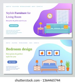 Living room, bedroom interior. Vector. Furniture sale. Room interior horizontal banner. Web page design template. Illustration concept for website, landing page, slide, site, infographic in flat style
