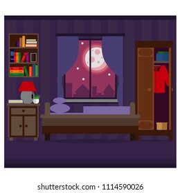 Living room, bedroom at night. Vector illustration.