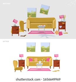 Living room before and after cleaning concept. Modern interior design with yellow sofa, table, pictures. Dirty interior. Isolated vector flat illustration.