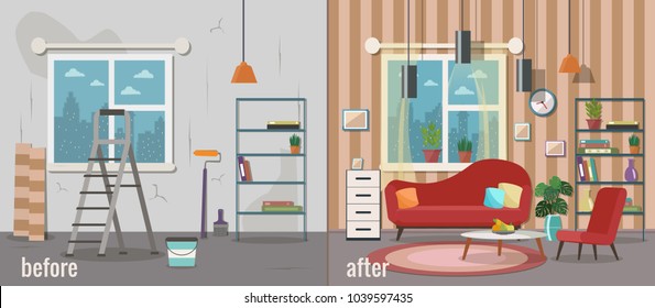 Living room before and after repair. Home interior renovation. Vector flat illustration.