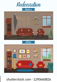  Living room before and after repair. Living room with chair, sofa, window, bookshelf. Vector flat cartoon illustration. 