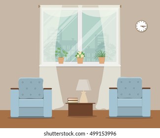 Living room in beige color. Vector flat illustration. There is a two blue armchairs, a window, a lamp and other objects in the picture. There are pots with flowers on a windowsill