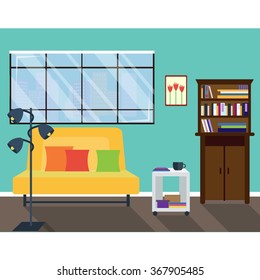 Living room with big window. Comfortable hall. Vector home interior in flat design. Sofa and lamp, bookcase and coffee table